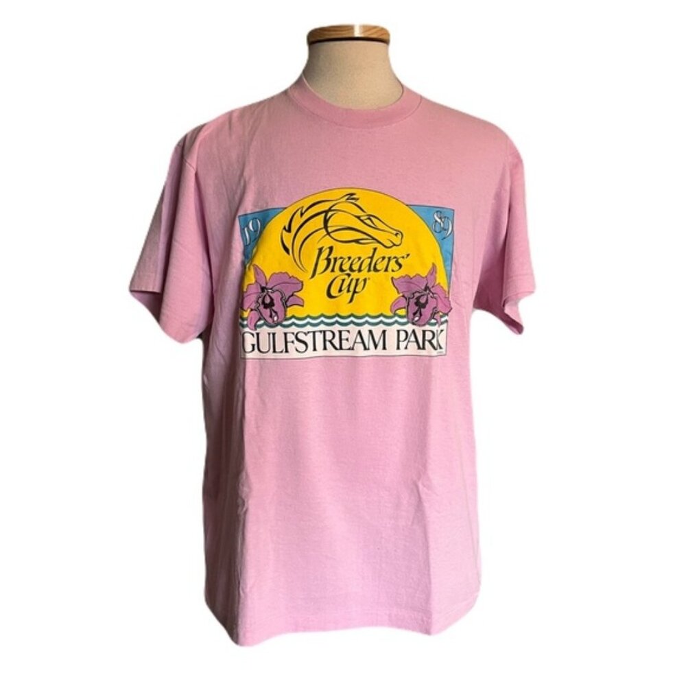 Fruit of the Loom Breeders Cup XL Pink Vintage Single Stitch T Shirt 1989